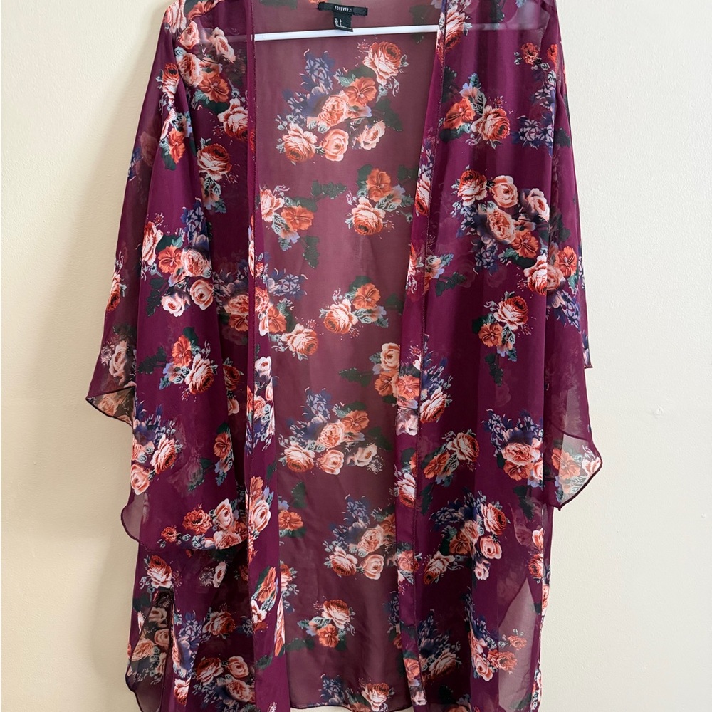 Forever 21 Burgundy Floral Kimono